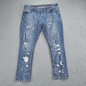 Rock Revival Jeans Mens 40x32 Blue Light Wash Nielsen Taper Destroyed Ripped